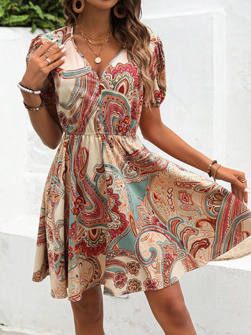 Plant Printed Pouf Sleeve Bubble Dress With Scoop Neckline