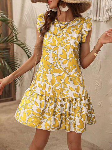 Plant Printed Sleeveless Ruffle Hem Sundress