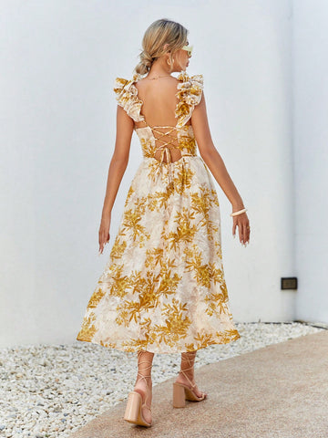 VCAY Plant Printed Spaghetti Strap Dress