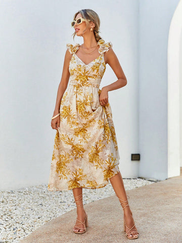 VCAY Plant Printed Spaghetti Strap Dress