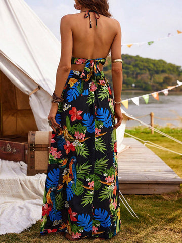 Plant & Flower Print Halter Neck Backless Split Maxi Dress