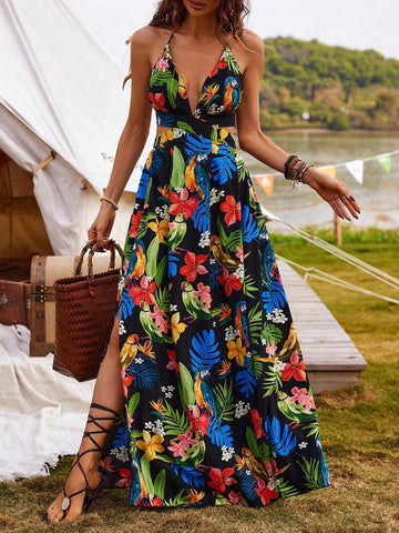 Plant & Flower Print Halter Neck Backless Split Maxi Dress