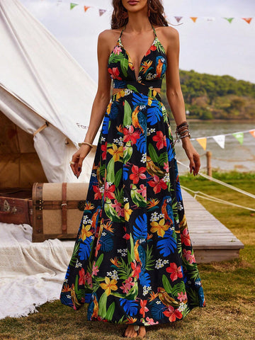 Plant & Flower Print Halter Neck Backless Split Maxi Dress