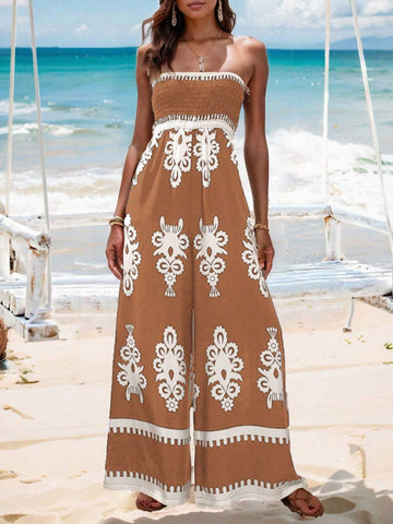 Pleated Shirred Bodice Bandeau Wide Leg Jumpsuit With Vacation Style