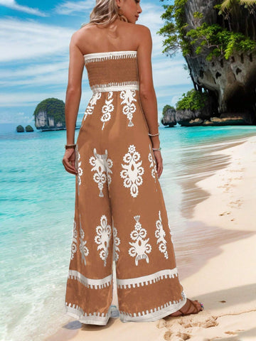 Pleated Shirred Bodice Bandeau Wide Leg Jumpsuit With Vacation Style
