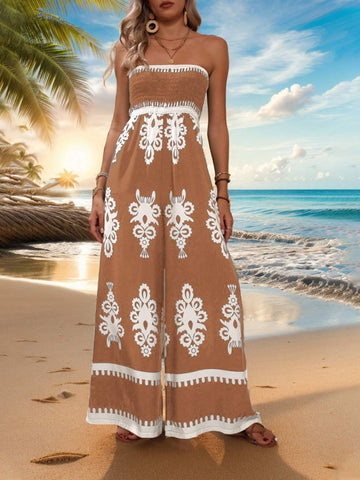 Pleated Shirred Bodice Bandeau Wide Leg Jumpsuit With Vacation Style