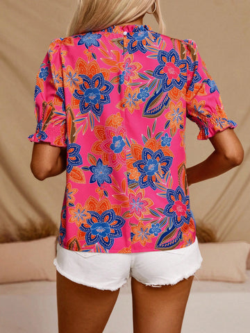VCAY Plus Size Vacation Style Casual Puff Sleeve Shirt With Floral Print
