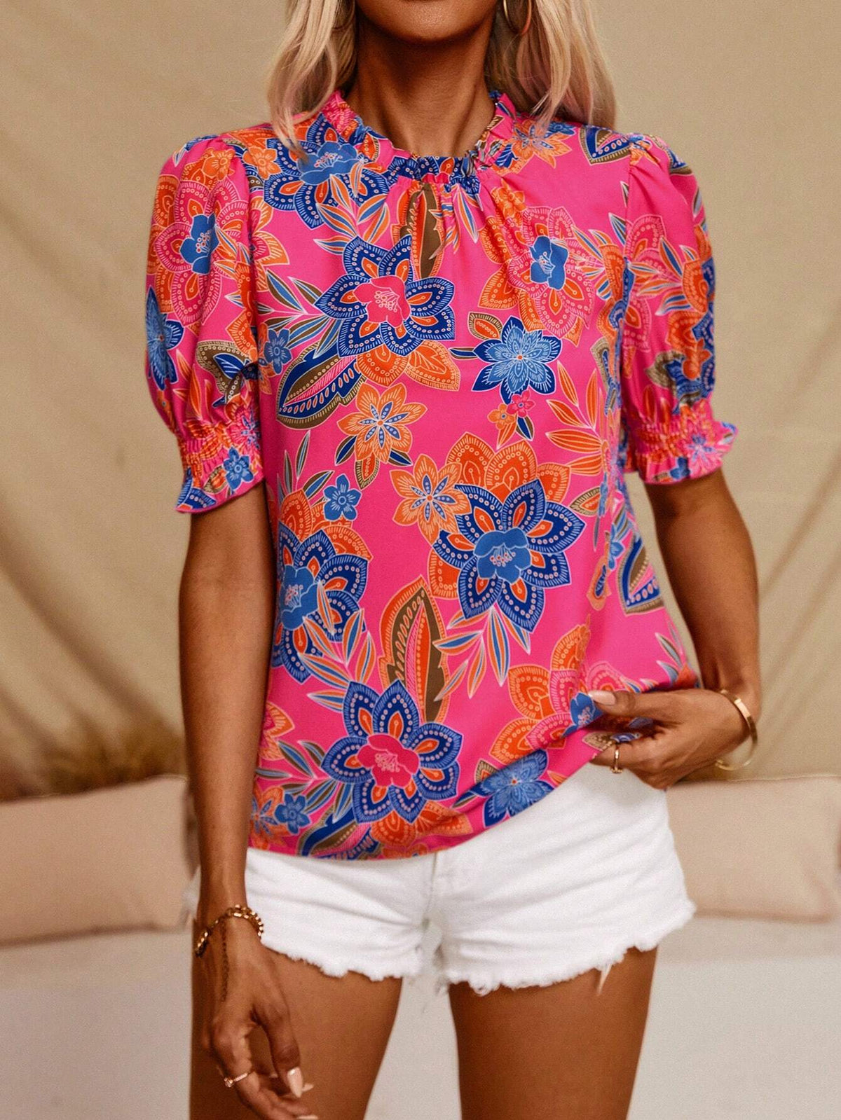 VCAY Plus Size Vacation Style Casual Puff Sleeve Shirt With Floral Print
