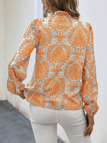 VCAY Plus Size Women's Holiday V-Neck Floral Print Lantern Sleeve Elegant Blouse