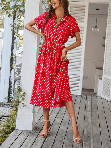Polka Dot Printed V-Neck Waist Flare Dress