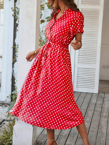 Polka Dot Printed V-Neck Waist Flare Dress