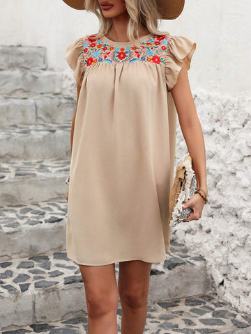 Positioning Floral Embroidered Ruffle Hem Dress