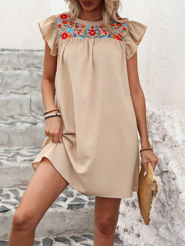 Positioning Floral Embroidered Ruffle Hem Dress