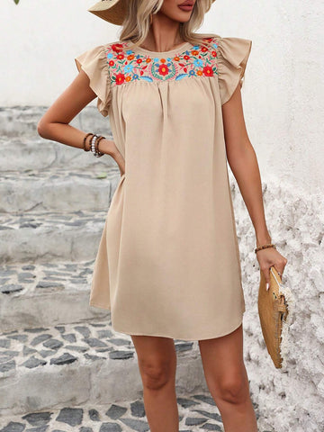 Positioning Floral Embroidered Ruffle Hem Dress