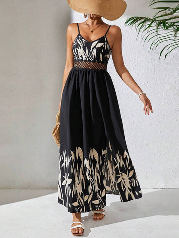 Positioning Plant Print Slit Hollow Out Splicing Straps Maxi Dress