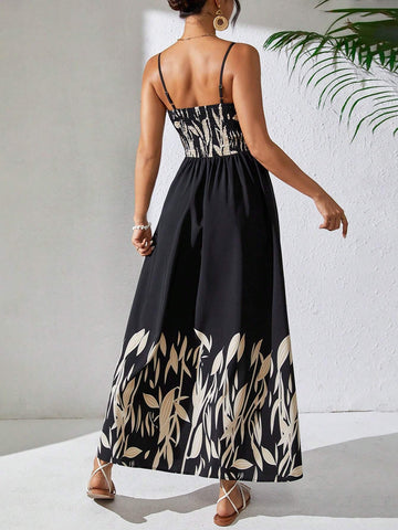 Positioning Plant Print Slit Hollow Out Splicing Straps Maxi Dress