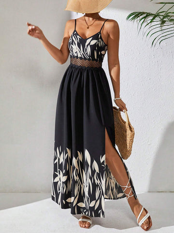 Positioning Plant Print Slit Hollow Out Splicing Straps Maxi Dress