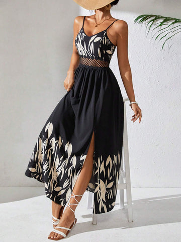 Positioning Plant Print Slit Hollow Out Splicing Straps Maxi Dress