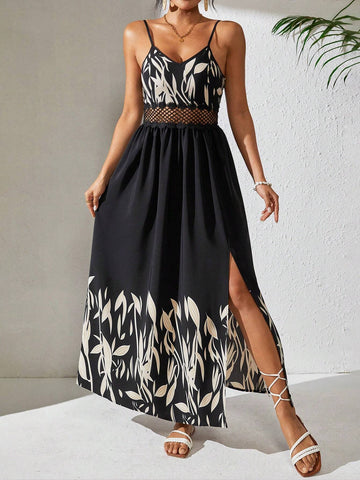 Positioning Plant Print Slit Hollow Out Splicing Straps Maxi Dress
