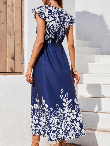 Positioning Print Crisscross V-Neck Waist Tie Slit Dress