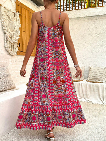 Printed A-Line Casual Spaghetti Strap Dress With Waist Tie