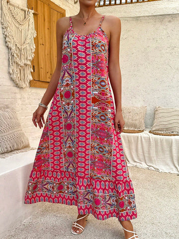 Printed A-Line Casual Spaghetti Strap Dress With Waist Tie