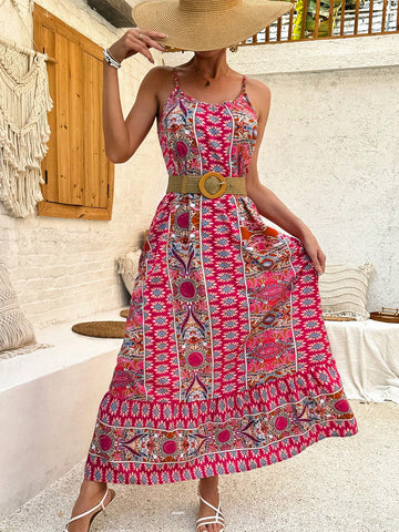 Printed A-Line Casual Spaghetti Strap Dress With Waist Tie