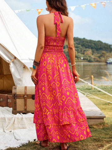 Printed Halter Neck Backless Dress With Hollow Out Details And Side Slits