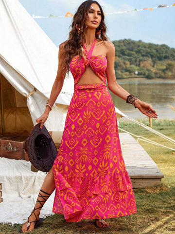 Printed Halter Neck Backless Dress With Hollow Out Details And Side Slits