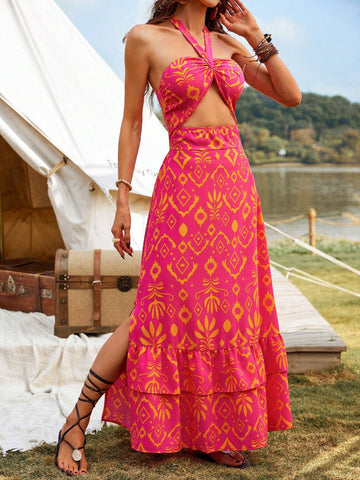 Printed Halter Neck Backless Dress With Hollow Out Details And Side Slits