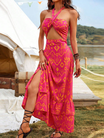 Printed Halter Neck Backless Dress With Hollow Out Details And Side Slits