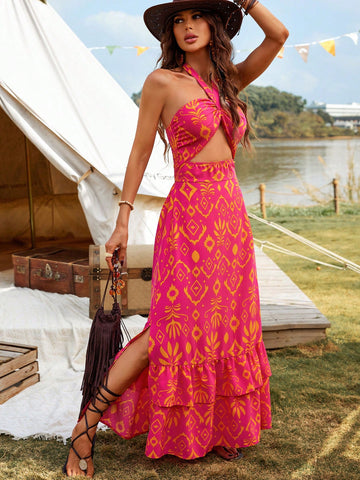 Printed Halter Neck Backless Dress With Hollow Out Details And Side Slits