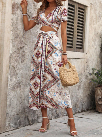 Printed Irregular Cut X-Shaped Waistband Tie Skirt With Slit, Printed Two-Piece Set