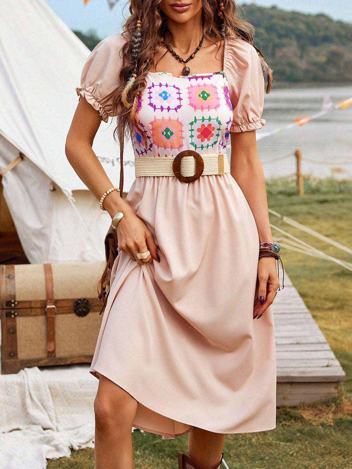 Printed Patchwork High Waist Short Sleeve A-Line Dress