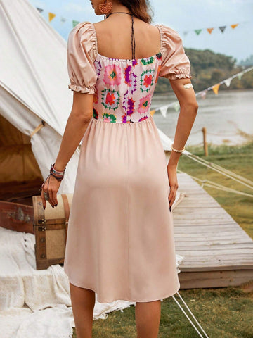 Printed Patchwork High Waist Short Sleeve A-Line Dress
