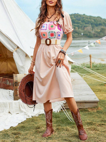 Printed Patchwork High Waist Short Sleeve A-Line Dress