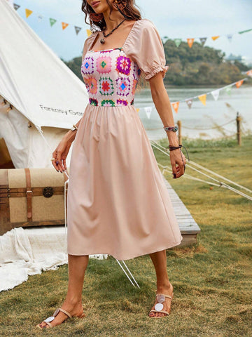 Printed Patchwork High Waist Short Sleeve A-Line Dress