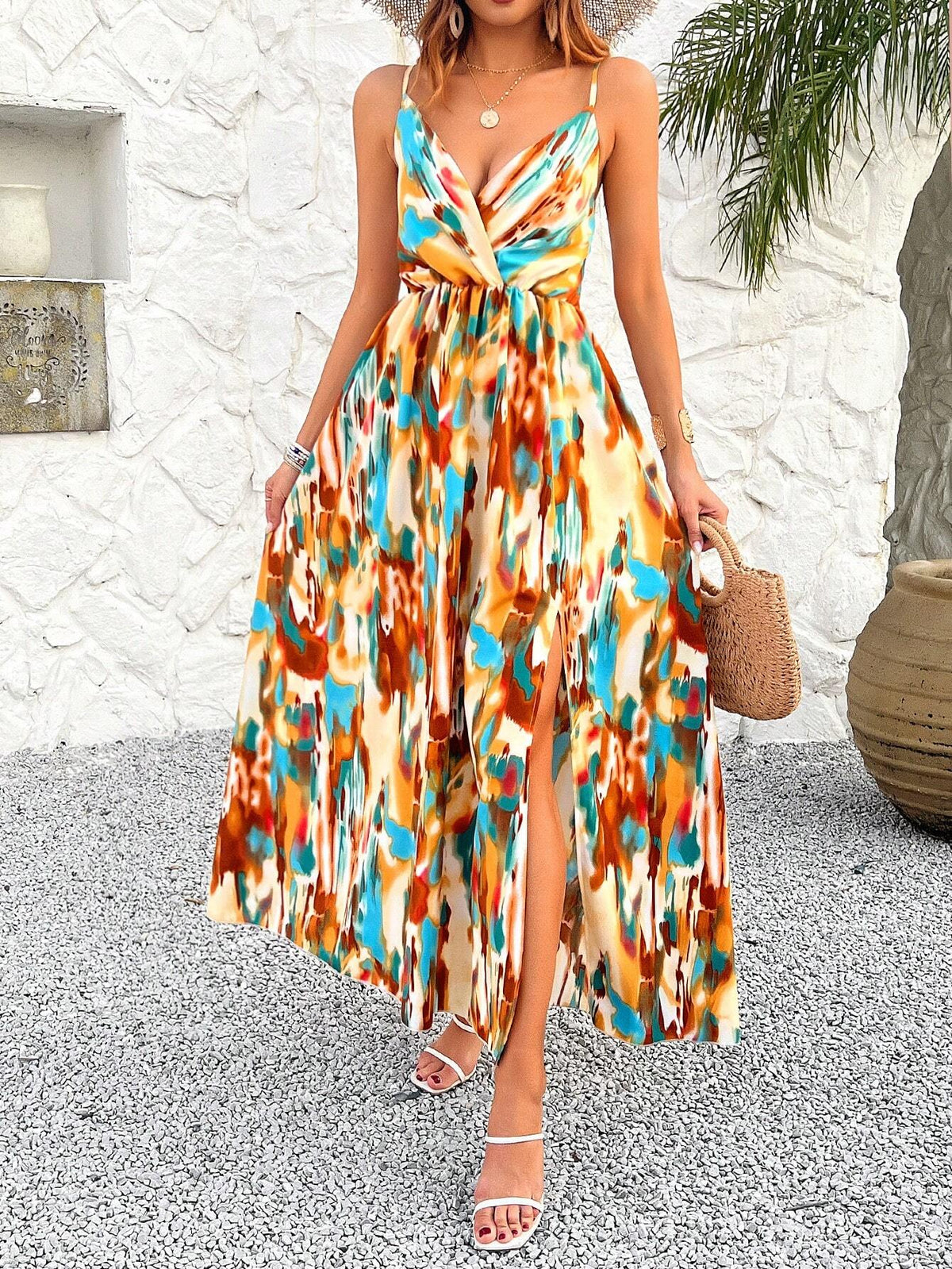 Printed Plunging V-Neck Halter Maxi Dress With Front Slit
