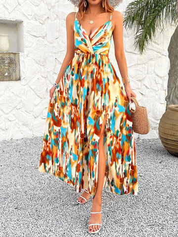 Printed Plunging V-Neck Halter Maxi Dress With Front Slit