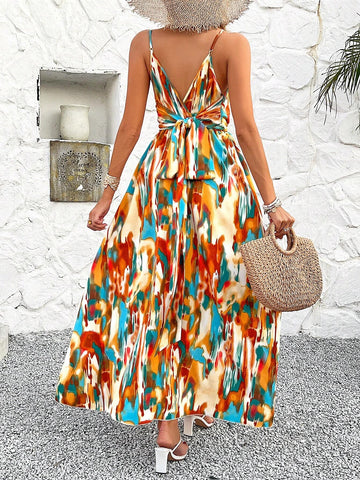 Printed Plunging V-Neck Halter Maxi Dress With Front Slit