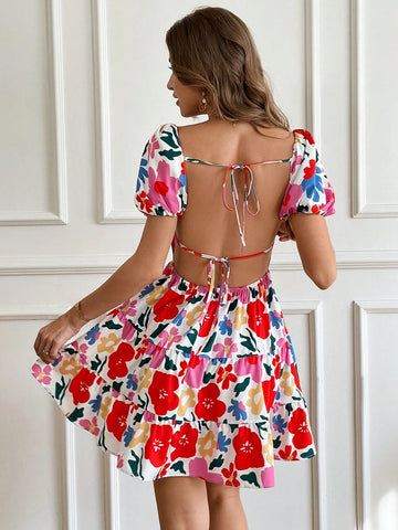 Printed Puff Sleeve Backless Mini Dress, Casual Simple Fashion For Everyday Wear