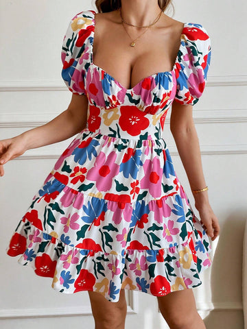 Printed Puff Sleeve Backless Mini Dress, Casual Simple Fashion For Everyday Wear