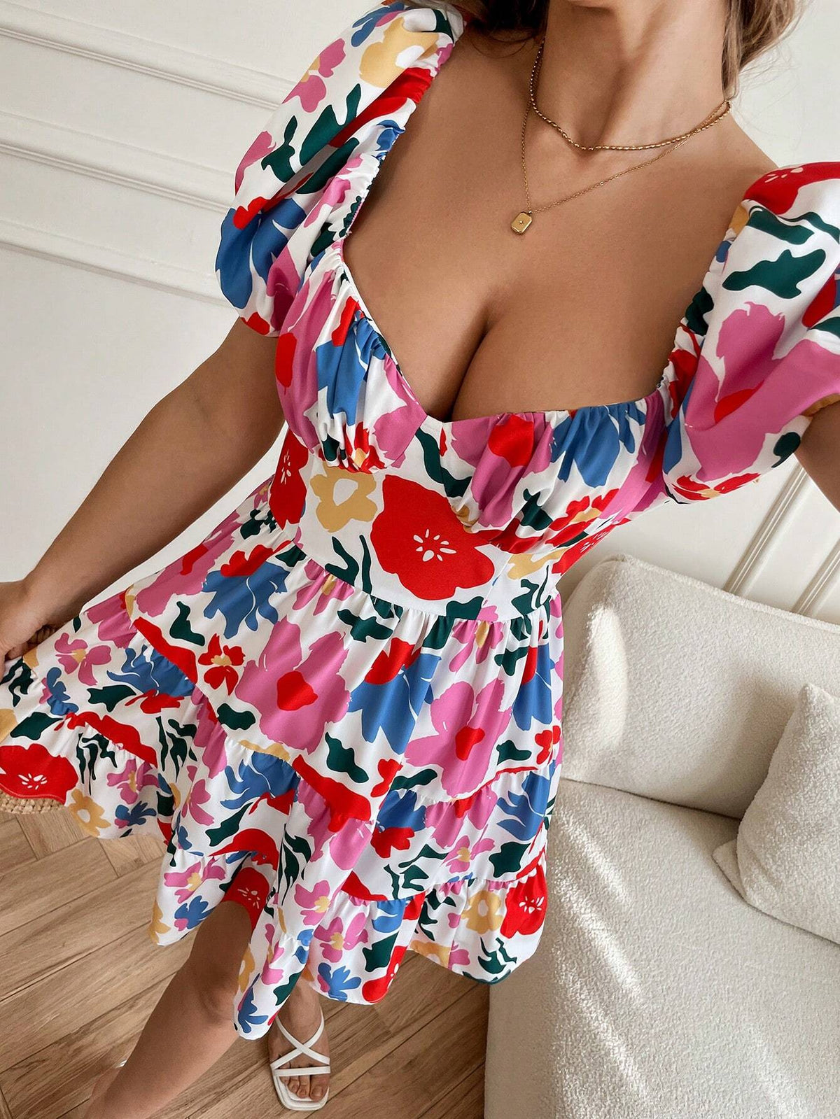 Printed Puff Sleeve Backless Mini Dress, Casual Simple Fashion For Everyday Wear