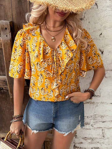 VCAY Printed Random-Cut V-Neck Ruffled Umbrella Sleeve Women Blouse