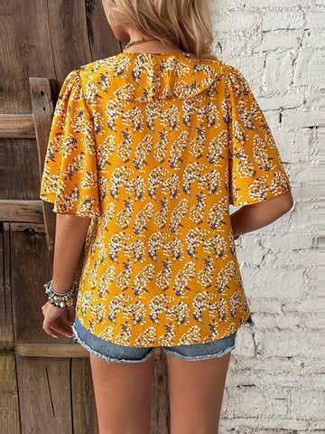 VCAY Printed Random-Cut V-Neck Ruffled Umbrella Sleeve Women Blouse