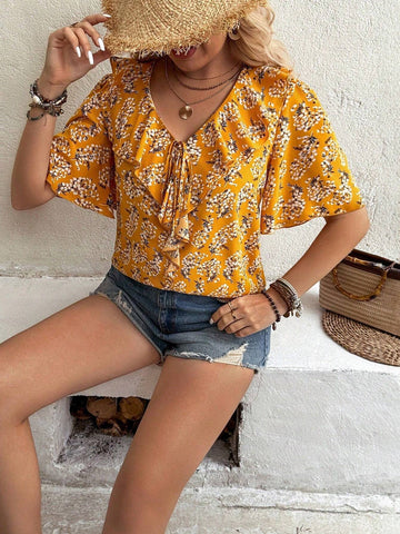 VCAY Printed Random-Cut V-Neck Ruffled Umbrella Sleeve Women Blouse