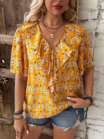 VCAY Printed Random-Cut V-Neck Ruffled Umbrella Sleeve Women Blouse