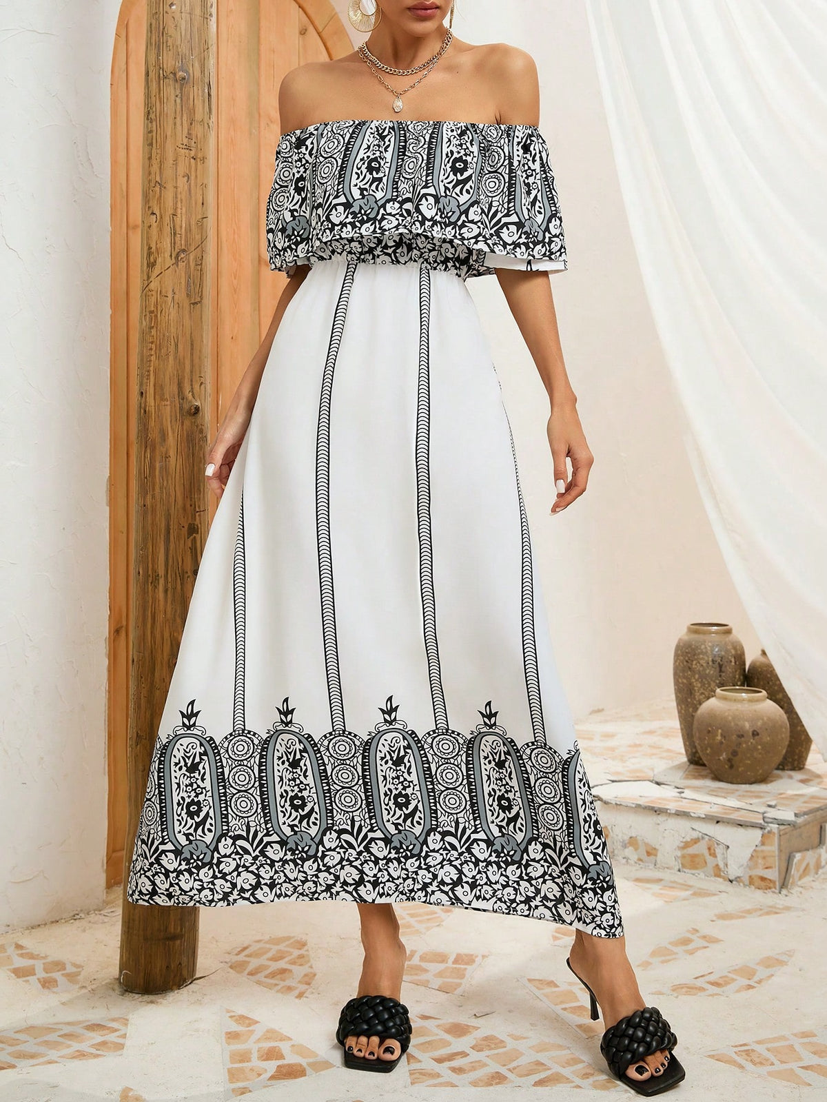 Printed Short Sleeve One Shoulder Women's Dress