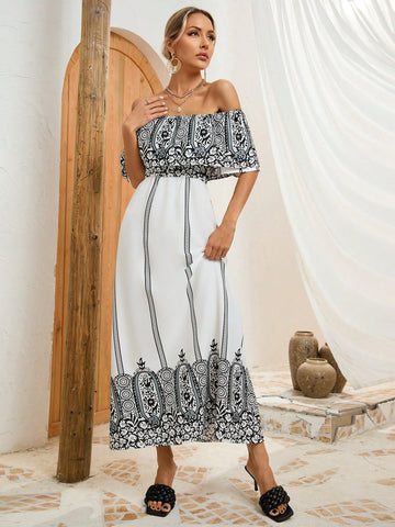 Printed Short Sleeve One Shoulder Women's Dress