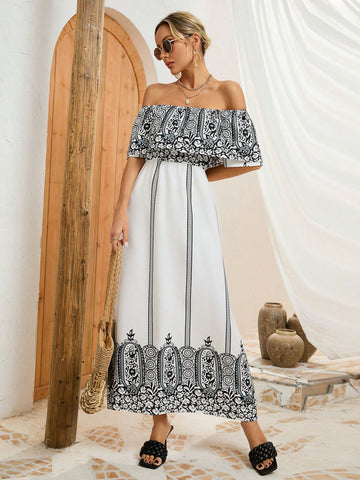 Printed Short Sleeve One Shoulder Women's Dress